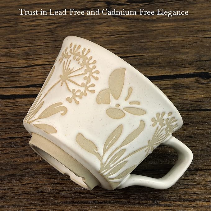 Ceramic Coffee Mug, 12 oz Novelty Unique Teacup with Large Handle, Stoneware Cup for Tea Mocha Latte Cappuccino Espresso (Set of 2, Butterfly and Grass)