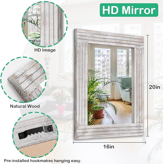 Mirrors for Wall Rustic Wooden Frame Rectangle Mirror Vintage Hanging Mirror for Bedroom Bathroom Living Room Farmhouse Wall Decor White Large 20" x 16 "