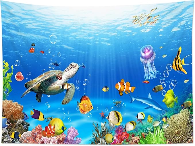 HVEST Sea Turtle Tapestry Tropical Fish Jellyfish and Coral Reef Under Blue Sea Wall Hanging Blanket Ocean Tapestries for Bedroom Living Room Dorm Decor,80Wx60H inches