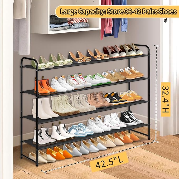 SLEEPING LAMB Long 4-Tier Shoe Organizer for Closet, Stackable Wide Shoe Rack Holds 30-Pairs Low Shoe Shelf Storage for Bedroom, Floor, Entryway(Black)