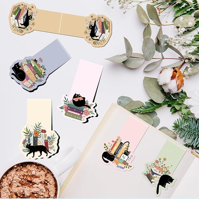 Black Cat Magnetic Bookmarks - 8 Pcs Floral Magnetic Bookmark Plant Bookmark Magnets Page Clip Gifts Book Mark Magnets Cat Lover Gifts for Book Lovers Students Teacher Reading Book Mark