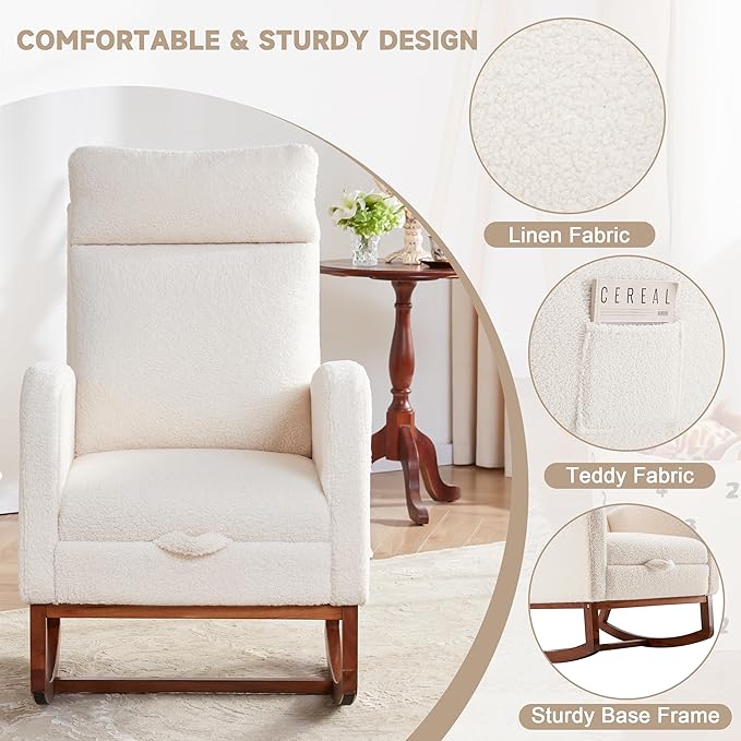 Rocking Chair Nursery Chair with Foot Rest, Nursery Rocking Chairs with High Back, Glider Rocking Chair with Pocket, Baby Nursery Glider Rocker, Nursing Chair Accent Living Room (Teddy, Ivory)