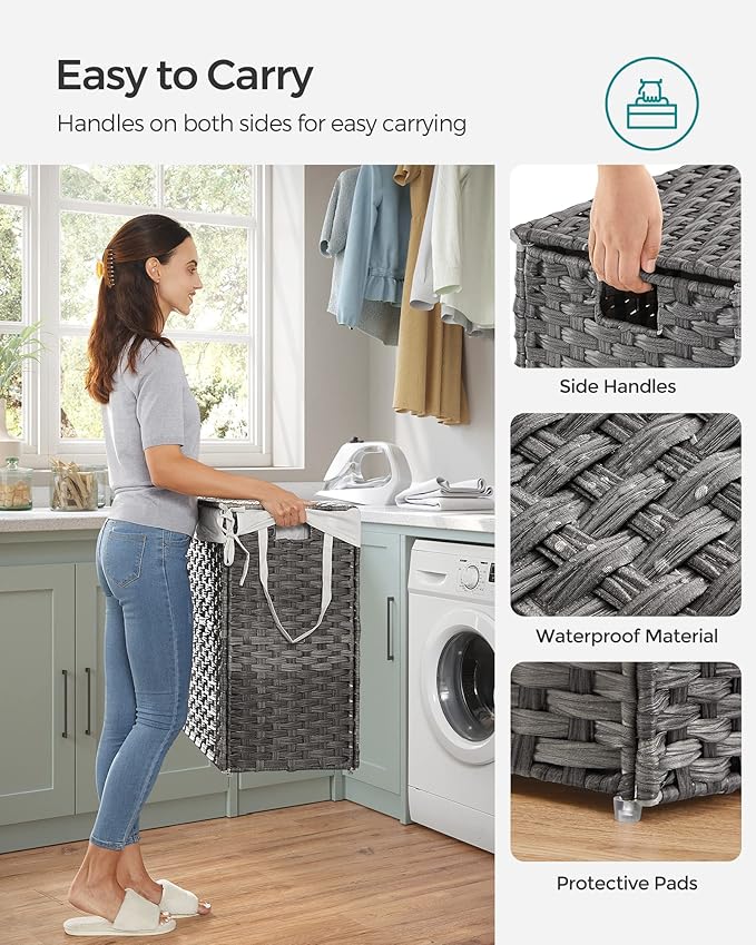 SONGMICS Laundry Hamper with Lid, 110L Clothes Hamper with 2 Removable Liner Bags, 6 Mesh Bags, Wicker Laundry Basket, Double Laundry Hamper for Bathroom, 13 x 22.4 x 23.6 Inches, Gray ULCB52WG