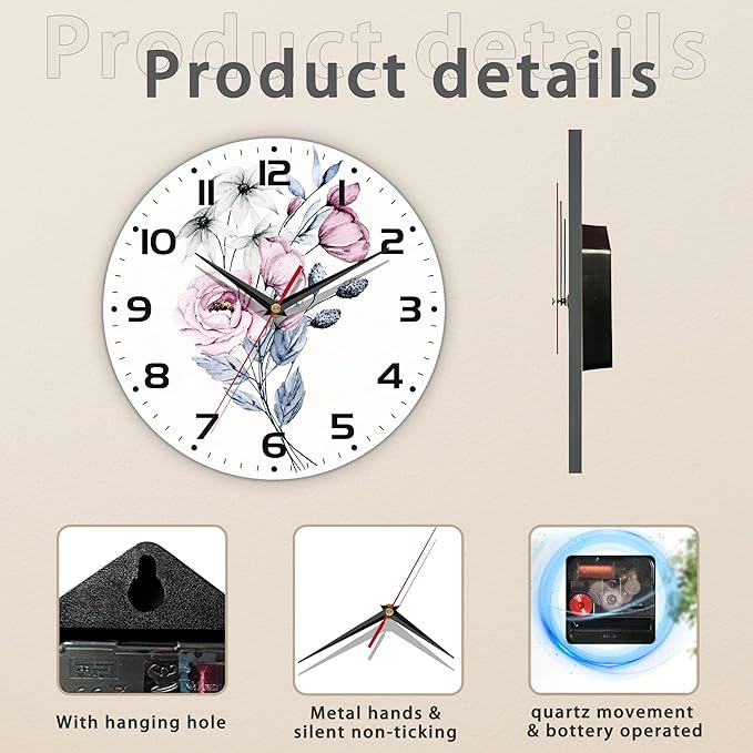 Clock for Living Room, Watercolor Floral Wall Clock, Contemporary Home Decor Easy to Read Wall Clock for Living Room, Bedroom, Bathroom and Kitchen, 10 Inch