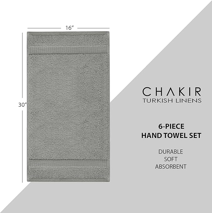 Chakir Turkish Linens | Hotel & Spa Quality 100% Cotton Premium Turkish Towels | Soft & Absorbent (6-Piece Hand Towels, Gray)