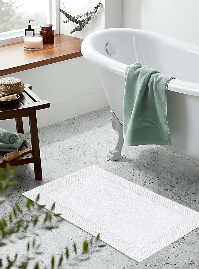 Bedding Craft Cotton Bathroom Mat Set, Reversible Water Absorbent Bath Mat Rug, Machine Washable, 2 Pieces (17x24 + 21x34)