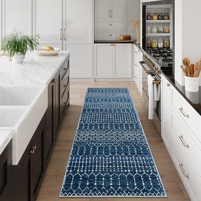 Lahome Moroccan 2x5 Washable Blue Runner Rug, Non-Slip Low-Pile Stain Resistant Kitchen Rugs, Geometric Soft Bathroom Runner Carpet for Entrance Bedroom Laundry (Blue,2'x5')