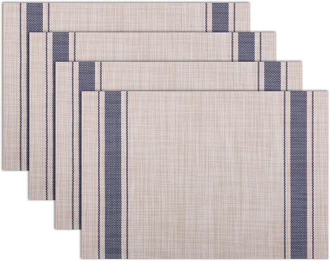 Winknowl Placemats, Set of 4 Heat Resistant Stain Resistant Non-Slip Woven Vinyl Insulation Placemats, Washable Durable Elegant Table Mats for Dining (Beige Blue)