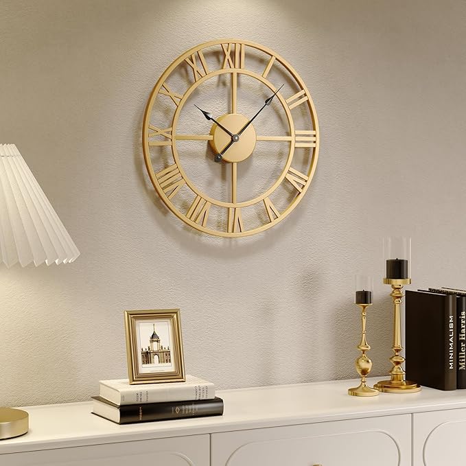 16 Inch Metal Gold Wall Clock - Silent Non-Ticking Battery-Operated Round Rustic Modern Clock for Living Room, Kitchen, Mantel - Roman Numerals