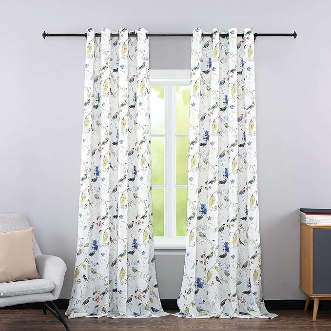 Leeva Living Room Curtains 63 Inch Length, Light Filtering Window Treatments for Bedroom, Linen Textured Blue Birds Patterned Living Room Curtains for Window, Grommet, 42 x 63 Inches