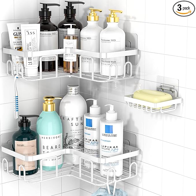 Moforoco Corner Shower Caddy, 3 Pack Organizer with Soap Holder and 12 Hooks, Adhesive Shelves Rustproof for Bathroom, Storage Basket with Accessories (White)