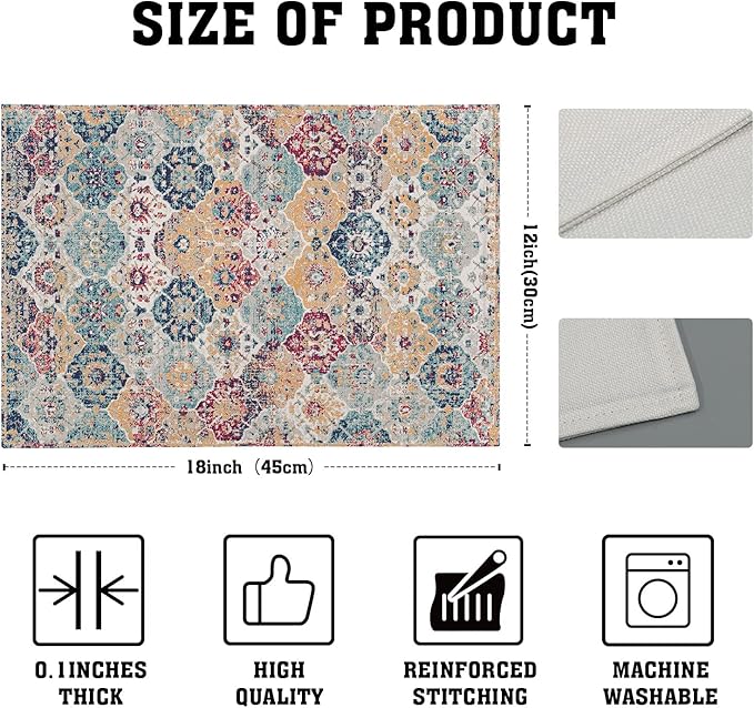 Ethnic Boho Placemats Set of 6 Bohemian Carpet Vintage Rust Coral Floral Carpet Linen Washable Kitchen Dining Table Mats Stain Heat-Resistant Desktop Decor Place Mats for Home Party Indoor 12x18 in