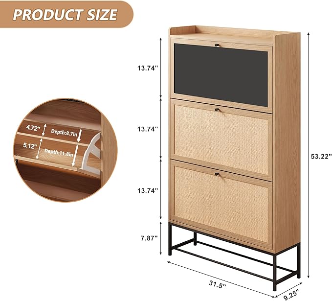 AVZEAR Shoes Cabinet, Narrow Shoes Storage Cabinet with 3 Flip Drawers, Free Standing Shoe Racks Organizer Farmhouse Tipping Bucket with Blackboard, Shoes Cabinet Storage Entryway Hallway, Natural