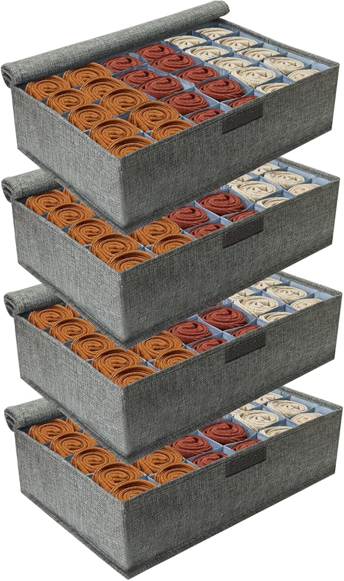 PINGMIC Gray Sock Organizer Divider 4 Pack with Lid - 30 Cell Foldable Closet Storage, Tie Organizer For Men Boxes for Socks, Ties, Belts 0