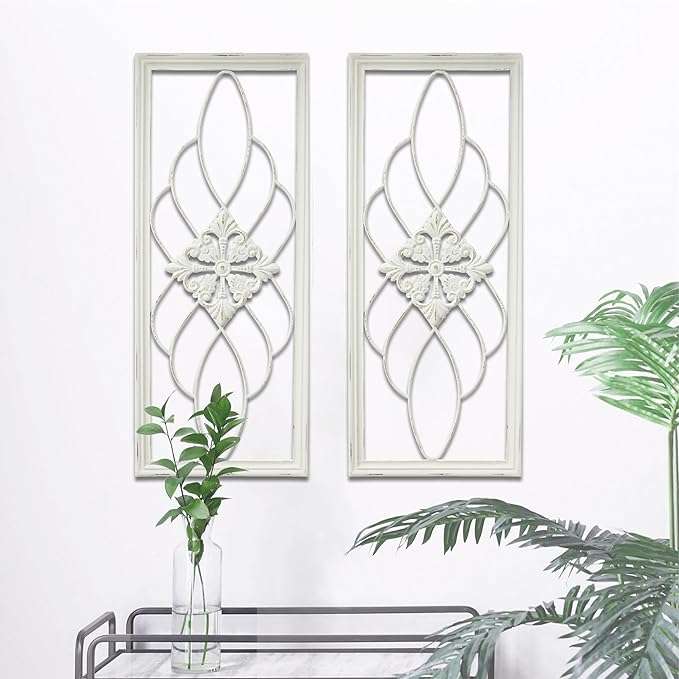 Sintosin Rustic Wood and Metal Wall Art Decor Living Room 14 x 35 Inch, Hanging Distressed White Decorative Vintage Wrought Iron Wall Decor for Living Room Entryway Hallway Bedroom Kitchen