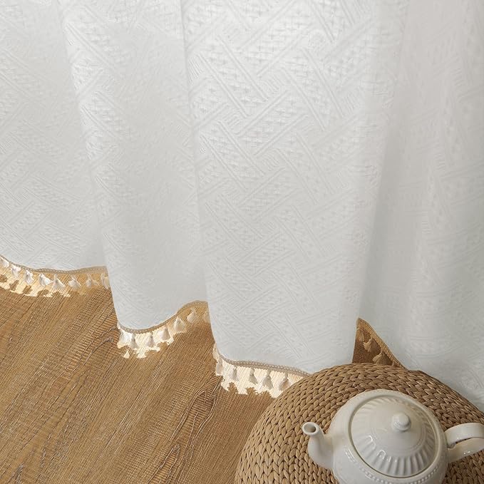 Joydeco White Boho Curtains 84 Inch Length 2 Panels, Super Soft Bohemian Farmhouse Curtains with Tassels, Semi Sheer Light Filtering Drapes for Bedroom Living Room (Rod Pocket, 52Wx84L)