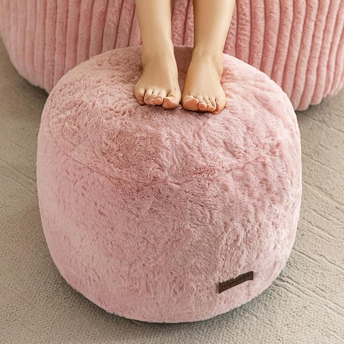 HIGOGOGO Pouf Stuffed Ottoman Round Modern Foam Filled Foot Rest Chair Decorative Poufs 20 x 15 Inches Fluffy Boho Comfy Stool for Living Room, Pink