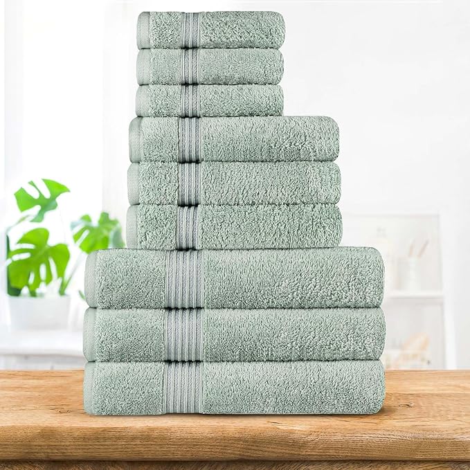 Superior Egyptian Cotton 9-Piece Towel Set, Assorted Towels for Home Bathroom, Guest Bath Decor Essentials, Includes 3 Bath, 3 Hand, 3 Face Towels/Washcloths, Quick Dry, Absorbent - Sage