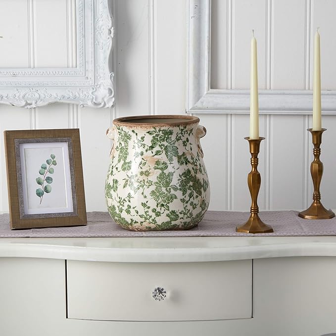 10in. Tuscan Ceramic Green Scroll Planter