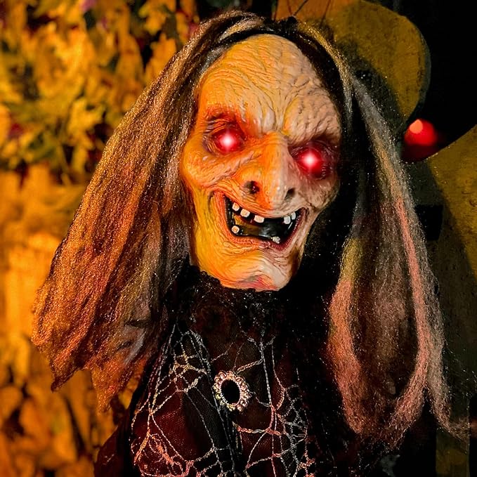 Haunted Hill Farm Animatronic Scary Witch Door Greeter with Touch Activated Lights and Sound, Battery-Operated Indoor or Covered Outdoor Halloween Decoration