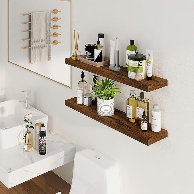Fun Memories Floating Shelves for Wall, 36Inch Floating Shelves Set of 2, Hanging Shelf with Invisible Brackets, Bathroom Shelves for Living Room, Bedroom, Kitchen- Brown