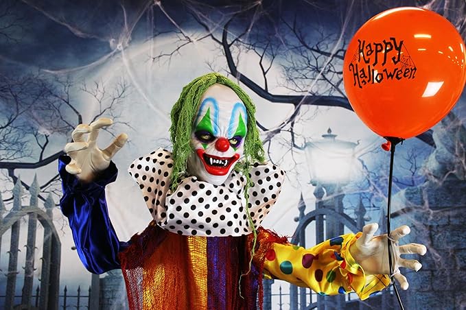 Haunted Hill Farm Life-Size Scary Talking Clown Halloween Animatronic with Motion and Touch Activated Lights and Sounds, Battery Operated Indoor or Covered Outdoor Creepy Halloween Decorations