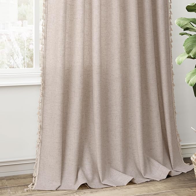 Oatmeal Beige Linen Textured Curtains 80 Inches Long 2 Panels Boho Farmhouse Semi Sheer Window Curtains Tassels Back Tab Neutral Light Filtering Chic Curtain Drapes for Living Room Bedroom 52x80