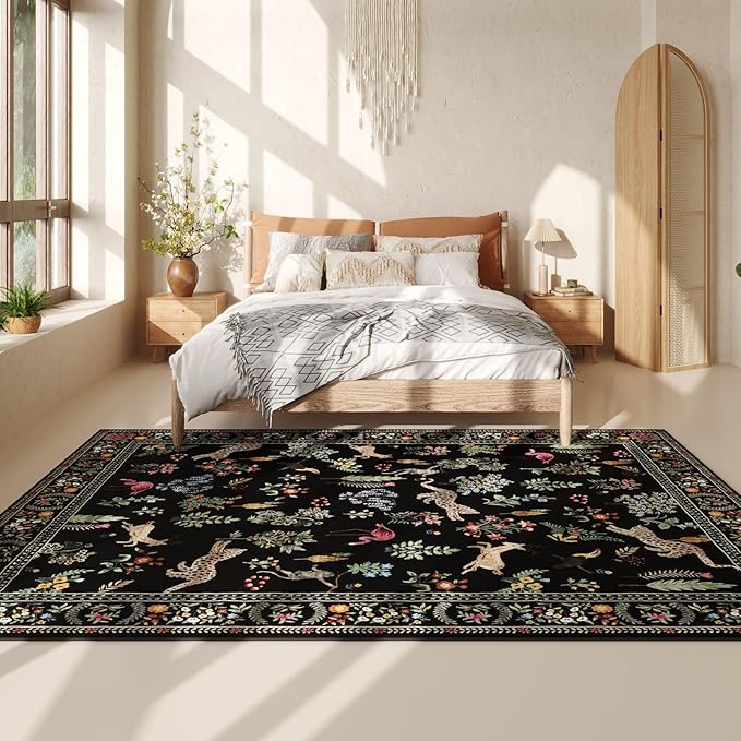 Living Room Rug 6x9 Rug Machine Washable Boho Area Rug Non Slip Floral Animal Vintage Low Pile Large Rug for Living Room, Bedroom, Farmhouse, Dining Room, Kids Playroom (Black)
