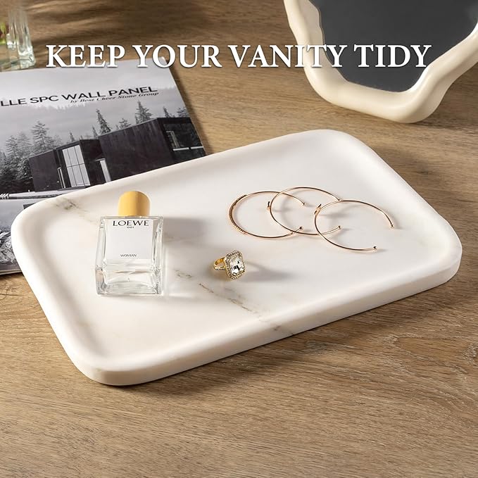 Koville Marble Vanity Tray, 12"x8" Marble Organizer Tray for Countertop Bathroom Kitchen Dresser, Rectangular Decorative Jewelry Dish for Cosmetics Perfume Trinket(Oriental Calacatta)