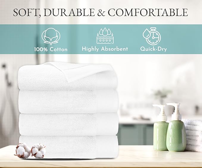 California Design Den Soft & Fluffy 100% Cotton Bath Towels - Pack of 4, Quick Dry & Highly Absorbent, Hotel Quality Bath Towel Set, Like a Spa Retreat Everyday, White - 27" x 54"