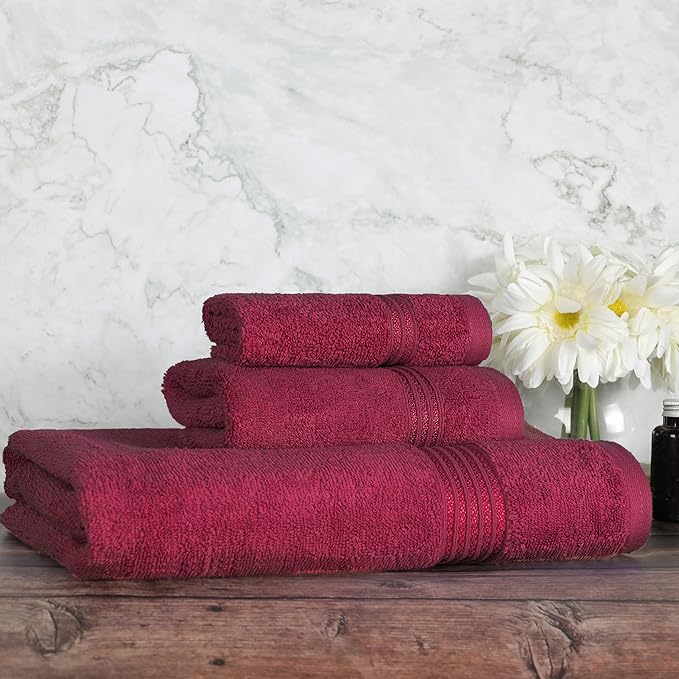 Superior Egyptian Cotton 3-Piece Towel Set, Basic Towels For Bathroom, Home Decor, Guest Bath, Shower, Apartment, Included 1 Face, 1 Hand, 1 Bath Towel, Washcloth, Quick Dry, Burgundy