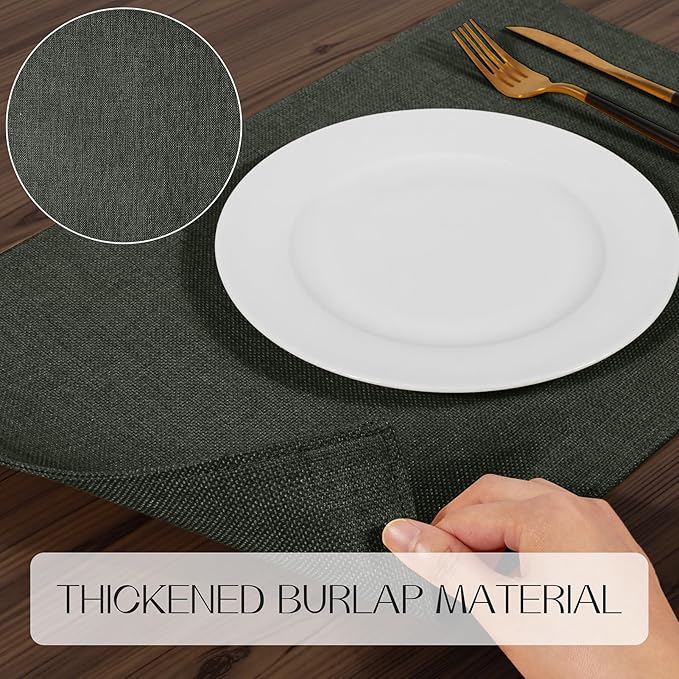 Romanstile Cloth Placemats Set of 6-12 x 18 Inch, Heat Resistant Double Layered Thickened Burlap Place Mats, Washable Faux Linen Farmhouse Table Mats for Kitchen/Dining/Party/Outdoor, Dark Grey
