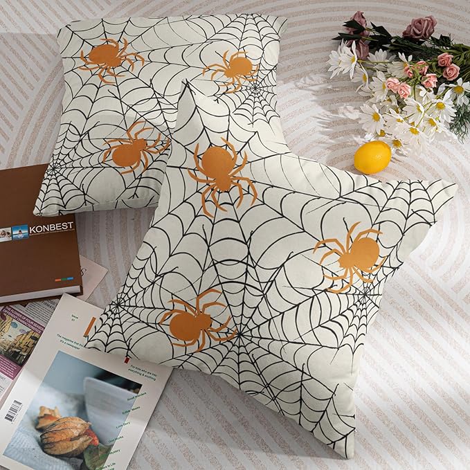 Halloween Spiderweb Pillow Covers 18x18 Set of 2 Cream Black Spider Web Orange Spider Outdoor Decorative Throw Pillows Scary Farmhouse Pillowcases Linen Cushion Case Decor for Home Sofa Couch Bed