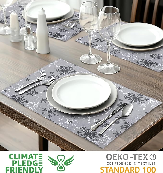Urban Villa Placemats Grey Snowflake 100% Cotton Fused Tablemats for Dining 14''x20'' Over Sized Set of 6 Placemats for Christmas Celabrations Wedding Parties Every Day Use Heavier Quality Placemats