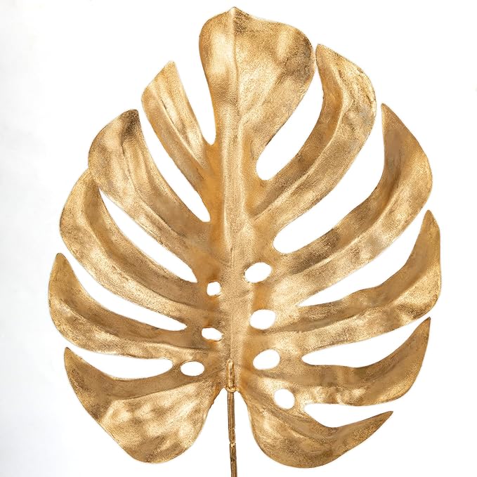DILATATA 5 Pcs Artificial Monstera Leaves with Stem 20 Inch Golden Tropical Monstera Plant Gold Palm Leaves Philodendron Monstera Fronds for Wedding Hawaiian Luau Jungle Party Decorations