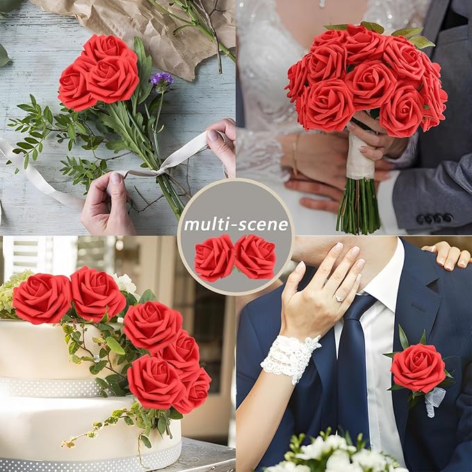 Artificial Flowers Red Roses Real Looking Foam Fake Roses with Leaves and for DIY Wedding Bouquets Bridal Shower Centerpieces Party Decorations (Red, 100)