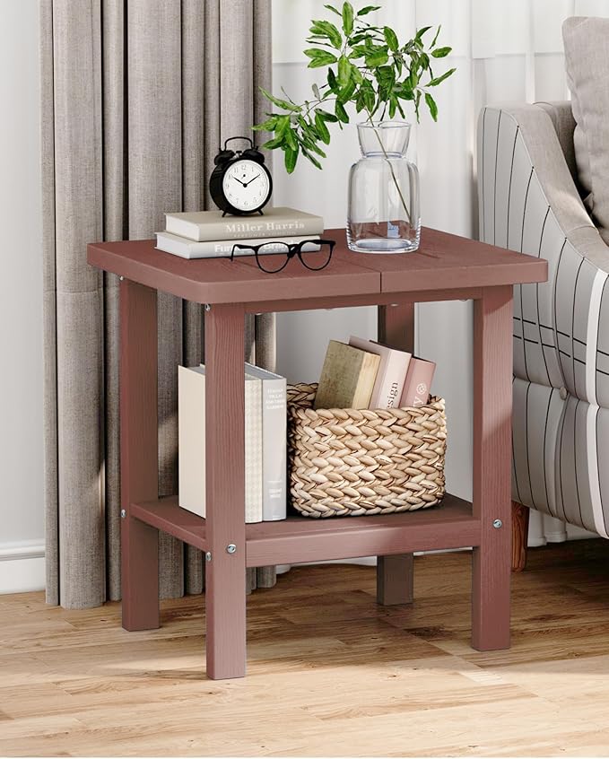 2-Tier Adirondack Square Outdoor Side Table, Pool Composite Patio Table, Weather Resistant End Table for Patio, Backyard, Pool, Easy Maintenance - Brown