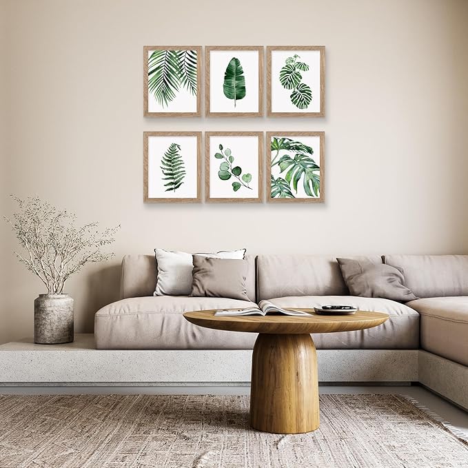 Framed Botanical Wall Art Prints Set of 6 Tropical Leaves Canvas Decor with FRAME Plant Leaf Boho Wall Decor Green Boho Pictures Art Posters Bedroom Decor (Leaf Wall Art, 11"x14" FRAMED)