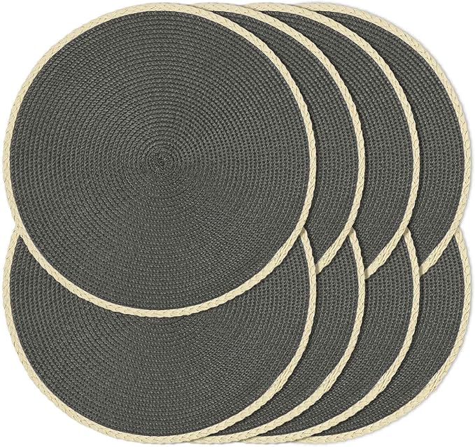 Noctiflorous Round Braided Placemats Set of 8 Table Mats 15 Inches Washable Heat Resistant for Dining Table Non-Slip Indoor Outdoor Place Mats for Easter(01 Charcoal Grey 8)