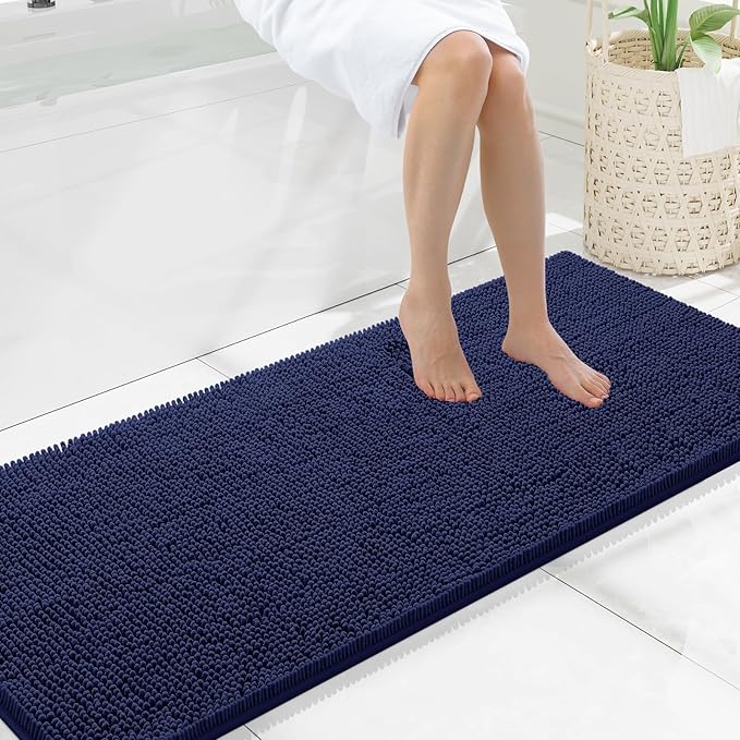 Smiry Luxury Chenille Bathroom Rugs 59x20, Extra Soft and Absorbent Shaggy Bath Mat, Machine Washable, Non-Slip Plush Carpet Runner for Tub, Shower, and Floor, Home Decor Accessories, Navy Blue