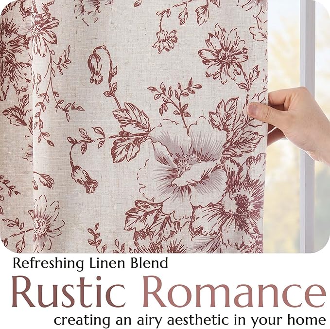 jinchan Blackout Linen Blend Curtain Floral Blackout Curtains for Living Room 90 Inch Length Brick Red Printed with Lined Blackout Curtain for Bedroom Farmhouse Curtains Set 2 Panels
