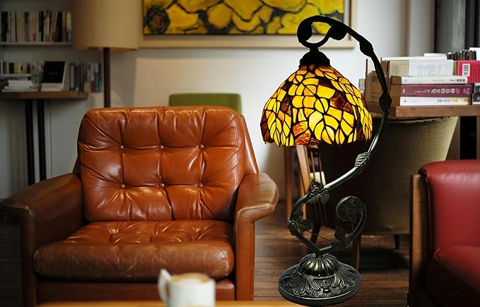 Tiffany Lamp,21x11x8 inches Stained Glass Lamp,Leaves Tiffany Style Table Lamp with Three-Color Dimming for Bedside Table,Dining Table,Antique Office