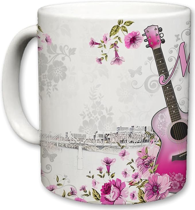 Sweet Gisele | City of Nashville Ceramic Mug | Coffee Cup | Downtown Skyline Background | Music City Theme | Pink Guitar & Floral Pattern Foreground | Great Novelty Gift | 11 Fl. Oz (Pink/Grey)