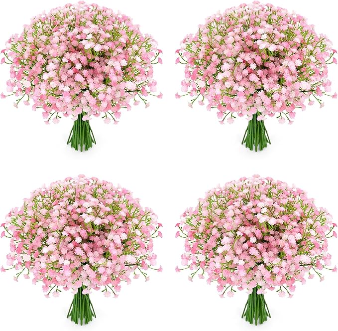 48Pcs Babys Breath Artificial Flowers, Fake Baby Breath Flowers Artificial Bulk Faux Gypsophila Real Touch Flowers for Wedding DIY Bouquet Floral Arrangement Party Home Garden Decoration, Pink