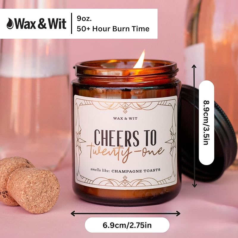 Wax & Wit 21st Birthday Gifts for Her, Happy Birthday Candles - Scented with Champagne Bubbles - 21 Year Old Gift Ideas – 9oz, Soy Wax, 50 Hour Burn, Premium Candle