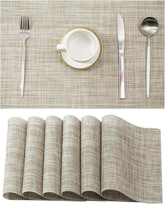Leetaltree Linen Yellow Placemats Set of 6 - Heat Resistant Non-Slip Place mats for Dining Table, Washable Durable PVC Vinyl Woven Table Mats(Linen Yellow, 6)