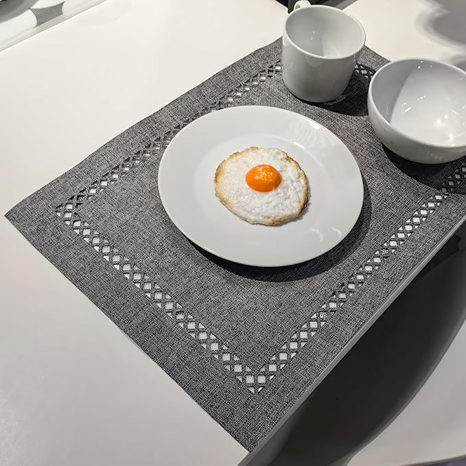 Placemats Set of 6 for Dining Table with Hollow Edge Design- Table Mats 12x 18 Inch, Cloth Place mats Machine Washable (Grey 6pcs)