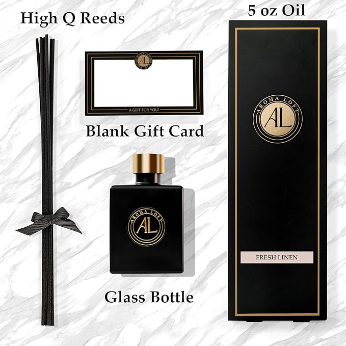 Fresh Linen Reed Diffuser Set -Oil Scent Stick difuser - Bathroom Diffuser Set- Black Reed Diffusers for Home- Scented Sticks-Scent diffusers for Home-Office Smell Good Stuff for Desk-5.0z