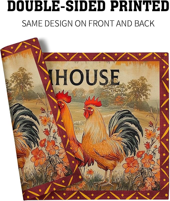Farmhouse Rooster Placemats Set of 4 Vintage Chicken Farm Table Mats Rustic Country Style Heat Resisting Non-Slip Place Mat for Home Party Indoor Kitchen Dining Table Decoration 12x18 Inch