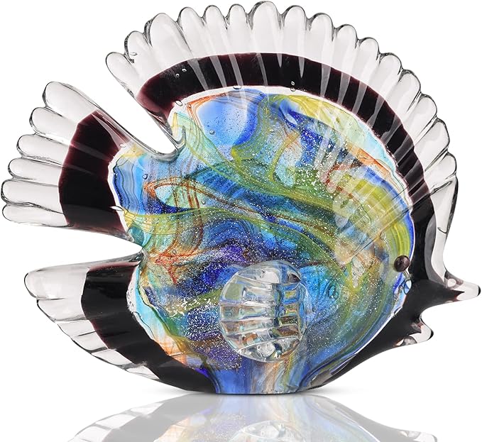 Blown Glass Fish Statues and Sculptures, Stained Glass Fish Modern Art for Coastal Style Home Decor, Shelves Office Fish Tank Bookcase and Entryway Entry Table Top Coffee Table.